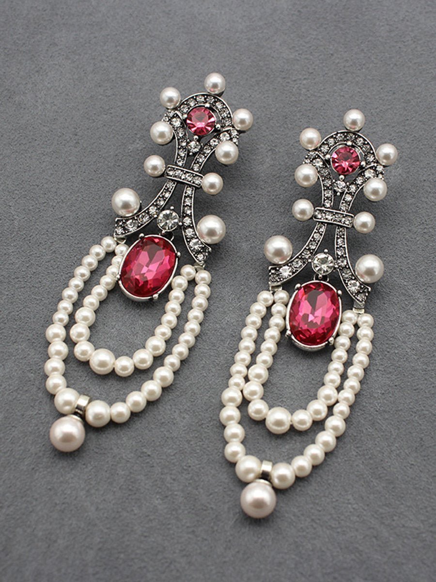 Vintage Lange Robijnparel Tassel Oorbellen - Bellanza