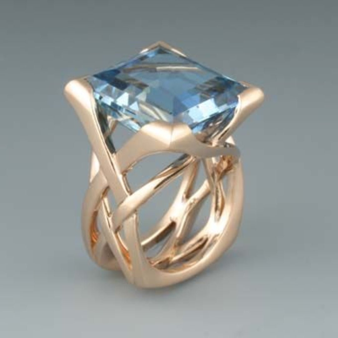 Vintage Roze Gouden Blauwe Zirkonia Ring - bellanza