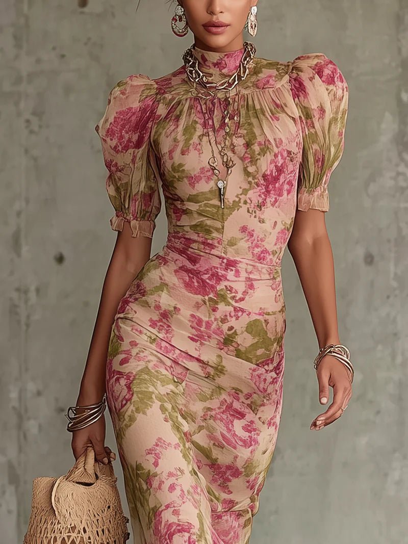 Vintage Rozenprint Maxi Jurk Met Pofmouwen (Accessoires niet inbegrepen) - Bellanza
