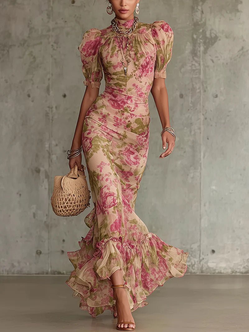 Vintage Rozenprint Maxi Jurk Met Pofmouwen (Accessoires niet inbegrepen) - Bellanza