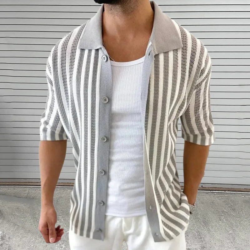 Vintage Turn - down Kraag Dichtgeknoopt Vest Tops Heren Breien Korte Mouw Slanke Shirt Zomer Mannen Trendy Gestreepte Gehaakte Shirts - bellanza