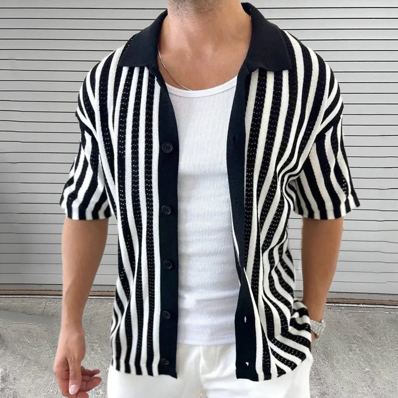 Vintage Turn - down Kraag Dichtgeknoopt Vest Tops Heren Breien Korte Mouw Slanke Shirt Zomer Mannen Trendy Gestreepte Gehaakte Shirts - bellanza