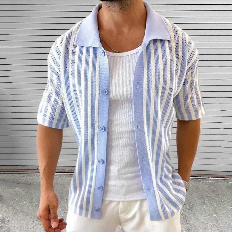 Vintage Turn - down Kraag Dichtgeknoopt Vest Tops Heren Breien Korte Mouw Slanke Shirt Zomer Mannen Trendy Gestreepte Gehaakte Shirts - bellanza