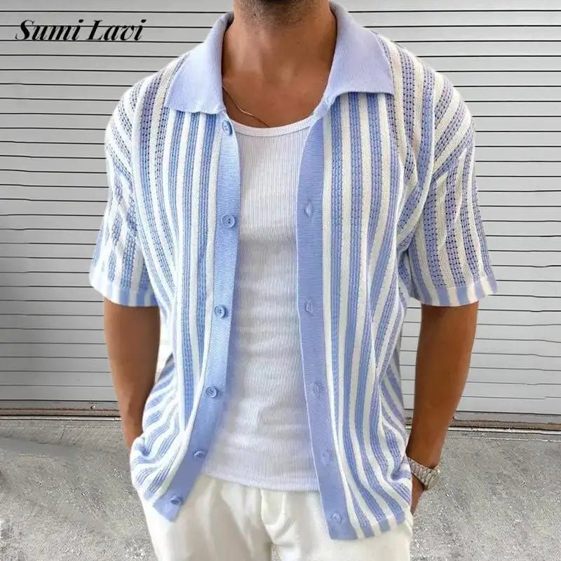 Vintage Turn - down Kraag Dichtgeknoopt Vest Tops Heren Breien Korte Mouw Slanke Shirt Zomer Mannen Trendy Gestreepte Gehaakte Shirts - bellanza