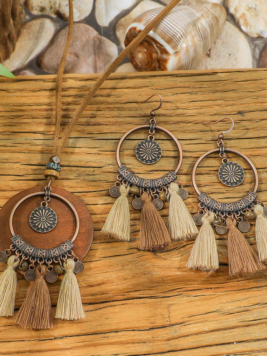 Vintage Versleten Bohemian Tassel Ketting Oorbellen Set - Bellanza