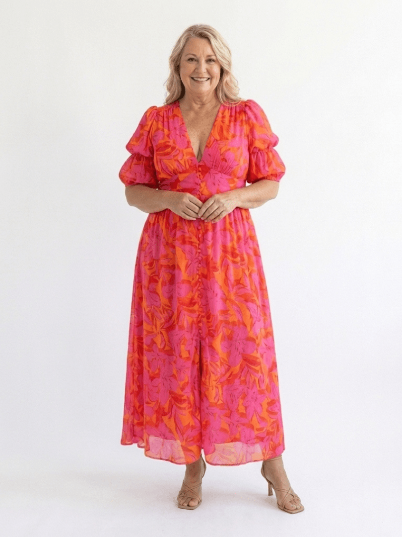 Willow | Midi - jurk met Pofmouwen en Bloemen V - hals - Bellanza