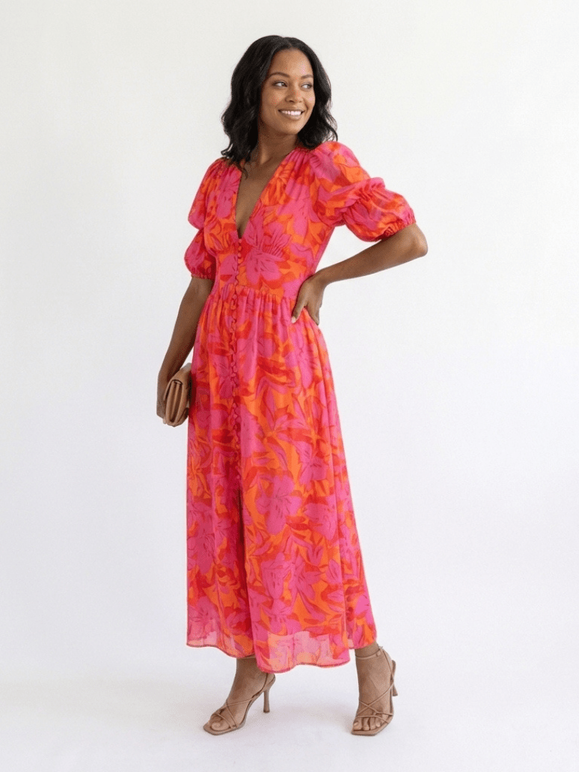 Willow | Midi - jurk met Pofmouwen en Bloemen V - hals - Bellanza