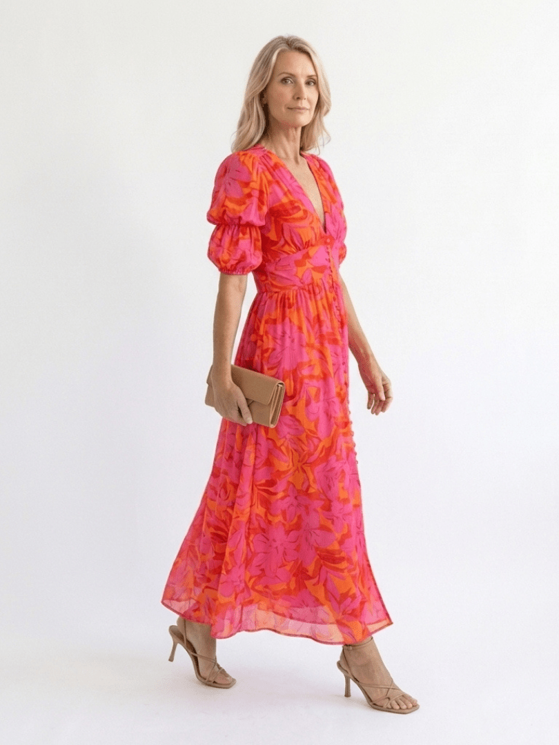 Willow | Midi - jurk met Pofmouwen en Bloemen V - hals - Bellanza