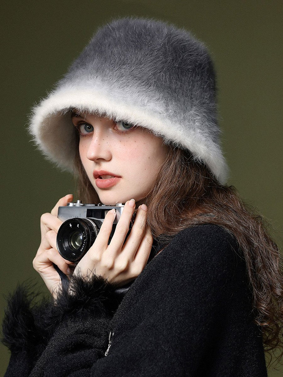 Wintermode Gradient Pluche Konijnenbont Warme Bucket Hat - Bellanza
