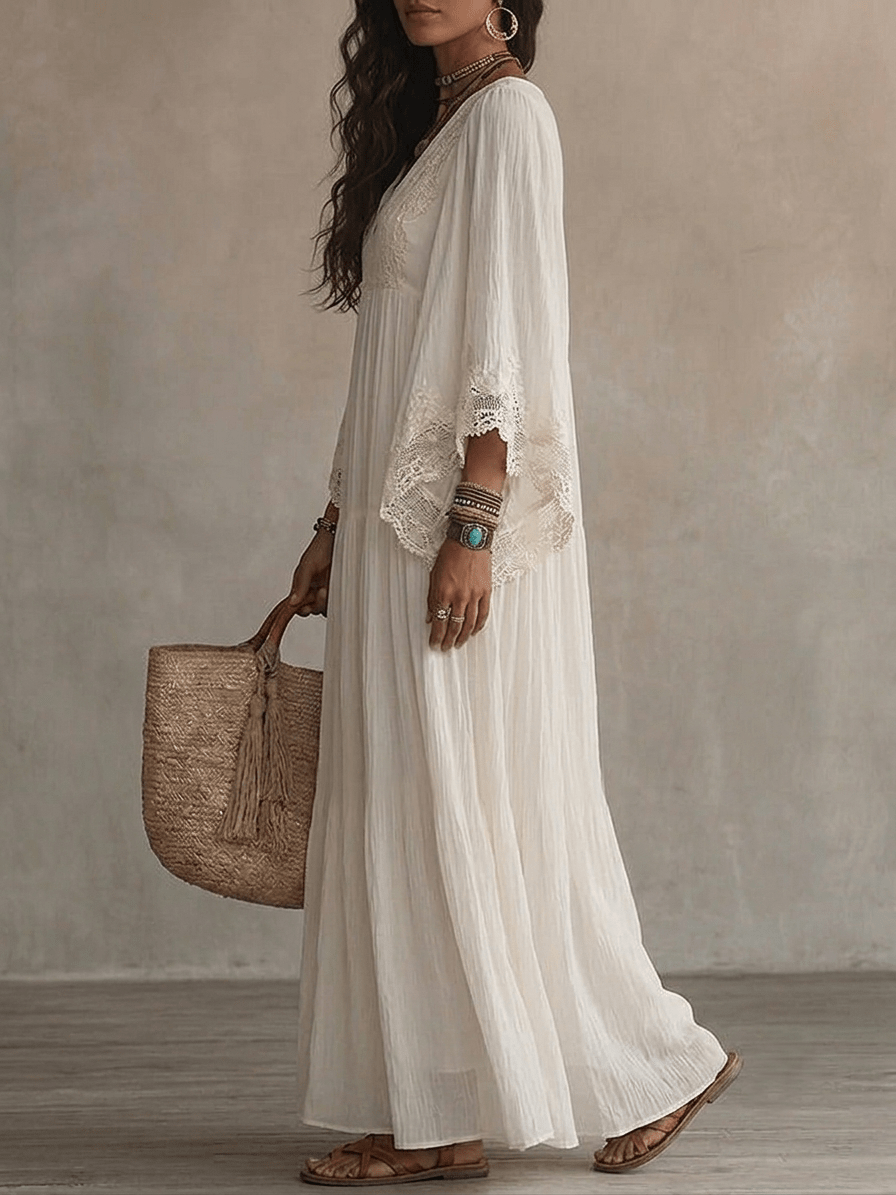 Witte Kanten V-hals Batwing Mouw Chiffon Maxi Jurk - Bellanza