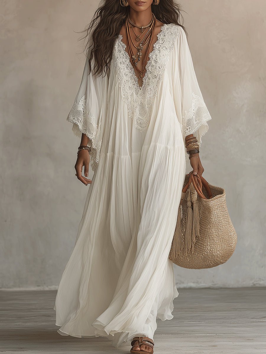 Witte Kanten V-hals Batwing Mouw Chiffon Maxi Jurk - Bellanza