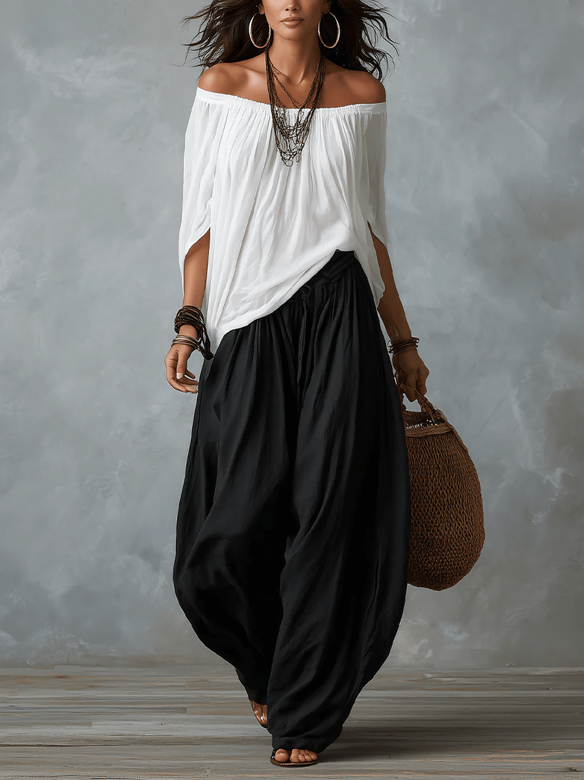 Witte Off-shoulder Top En Loszittende Lantaarnbroek Set - Bellanza