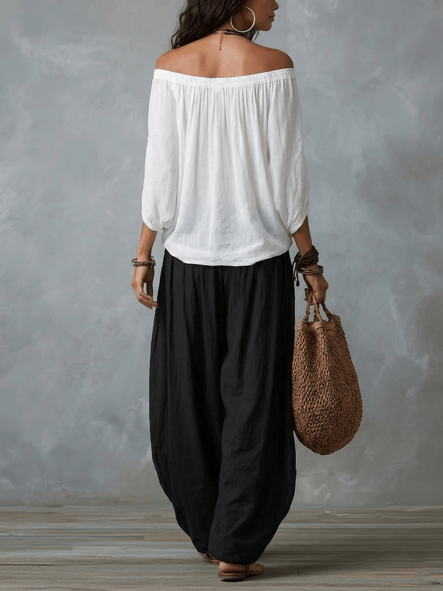 Witte Off-shoulder Top En Loszittende Lantaarnbroek Set - Bellanza