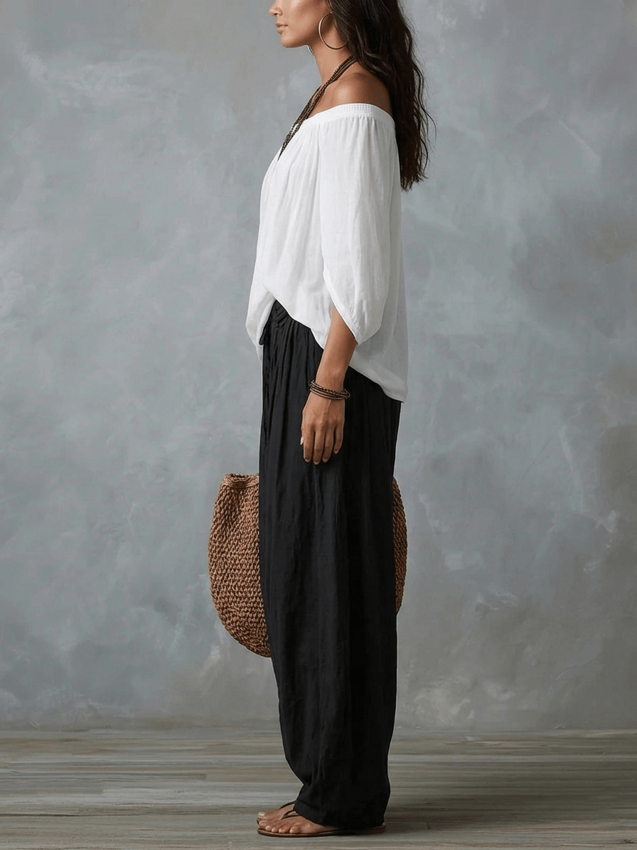 Witte Off-shoulder Top En Loszittende Lantaarnbroek Set - Bellanza