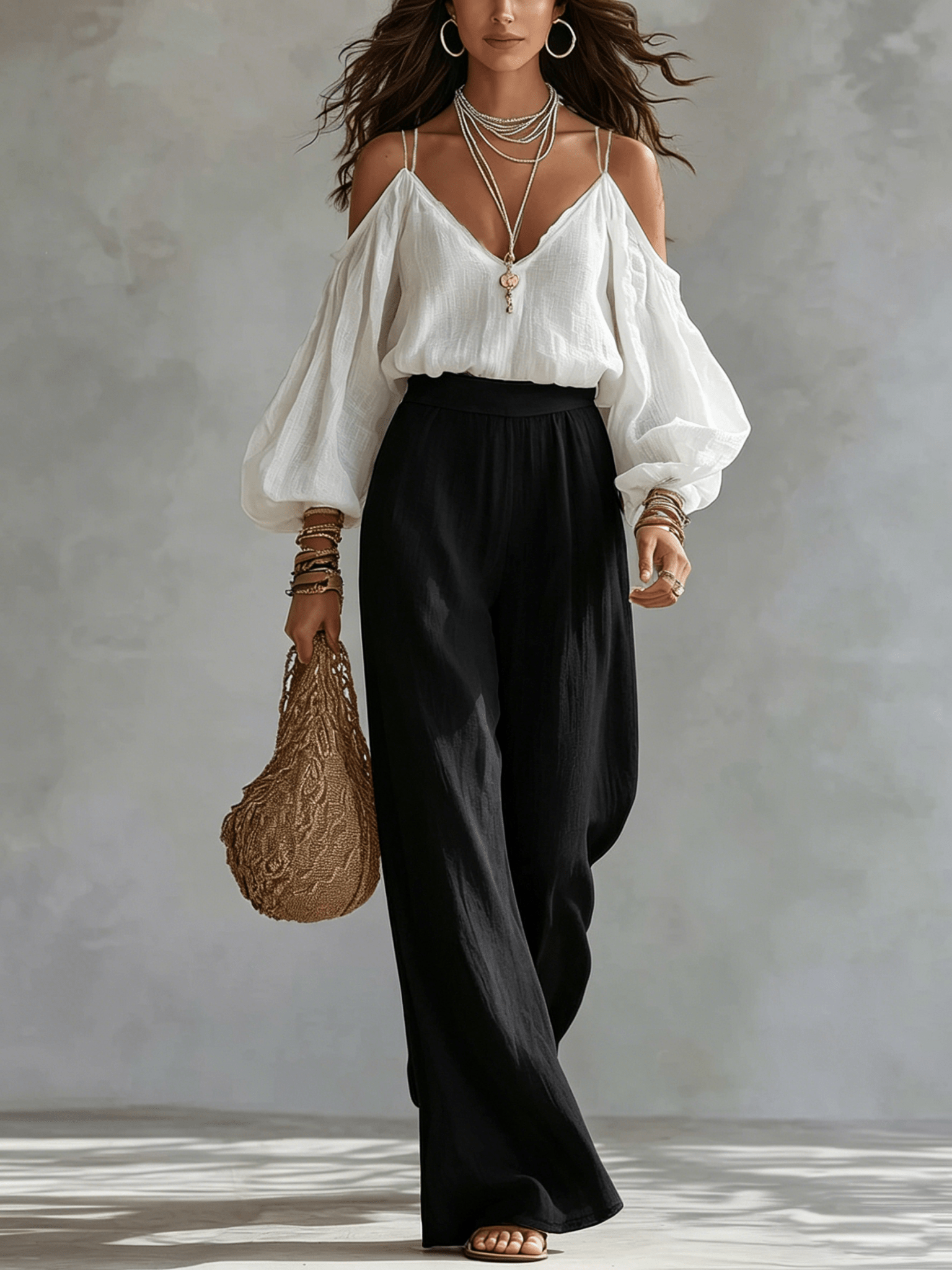 Witte Off-the-shoulder Tanktop en Zwarte Wijde Broek Suit - Bellanza
