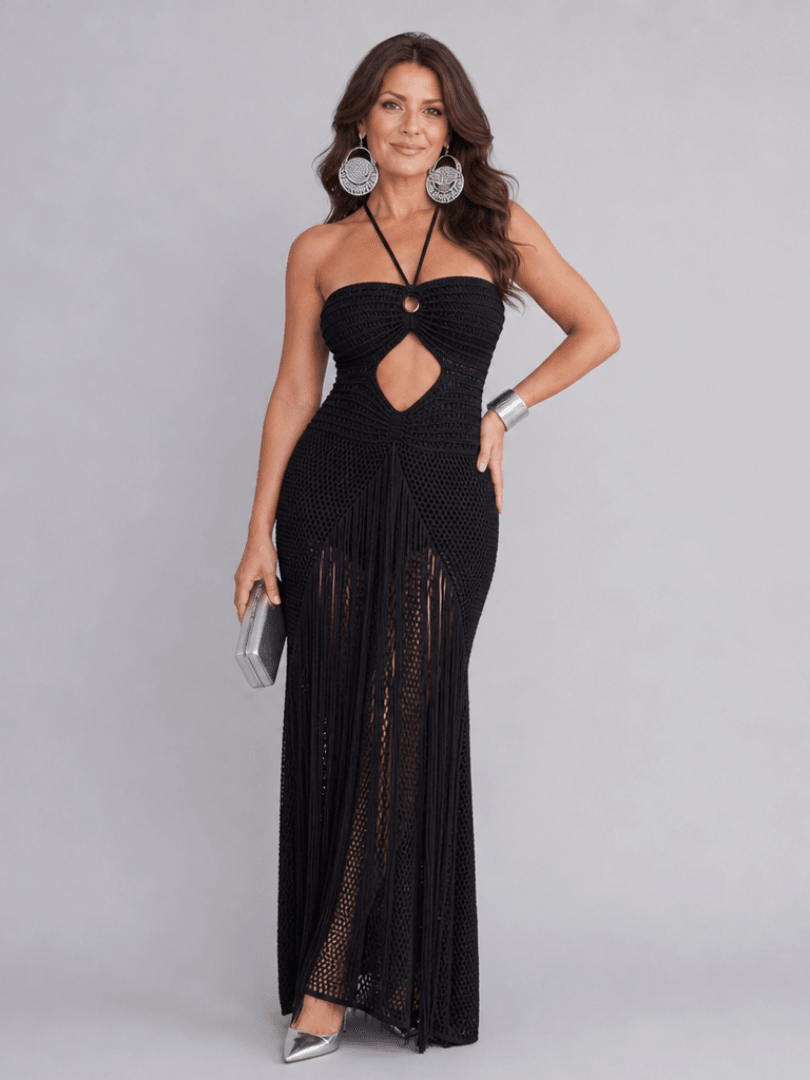 Zephyra | Halter Neck Gehaakte Franje Maxi Jurk - Bellanza