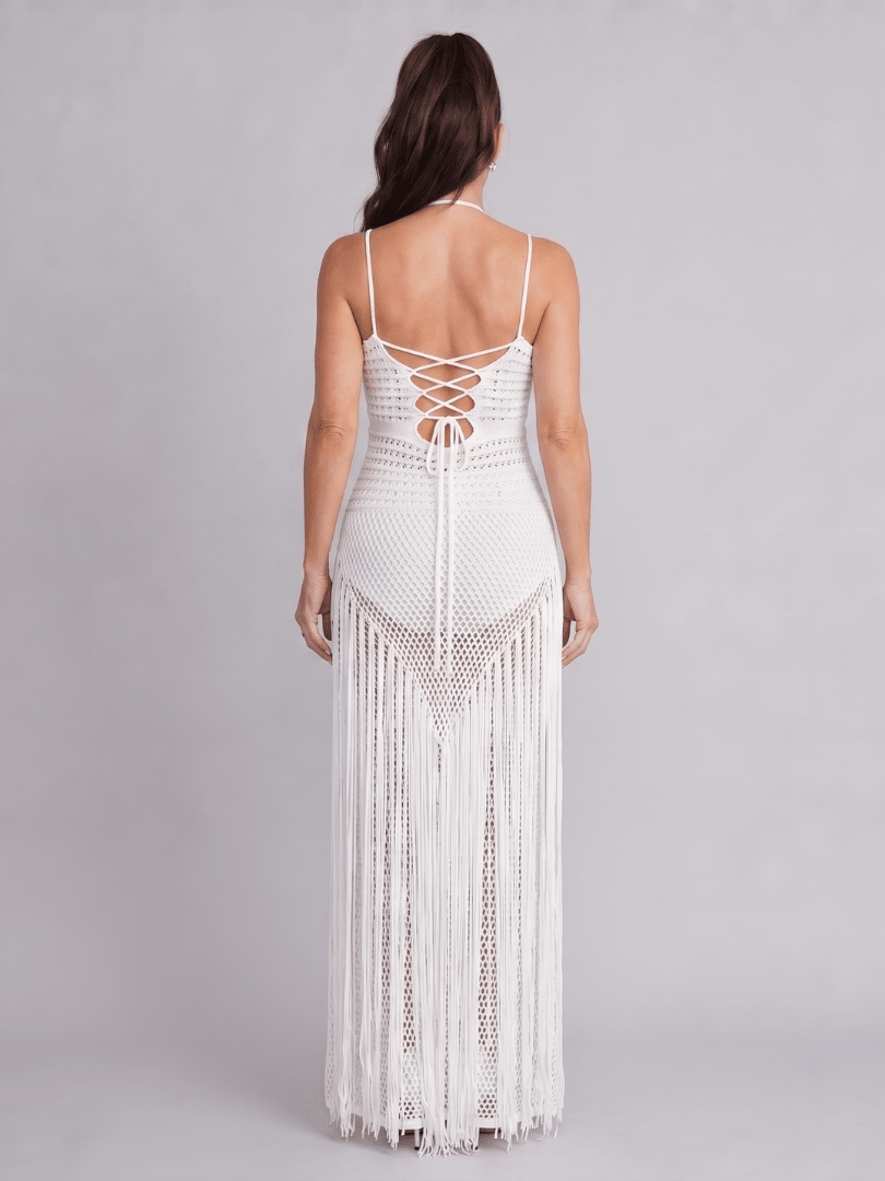 Zephyra | Halter Neck Gehaakte Franje Maxi Jurk - Bellanza