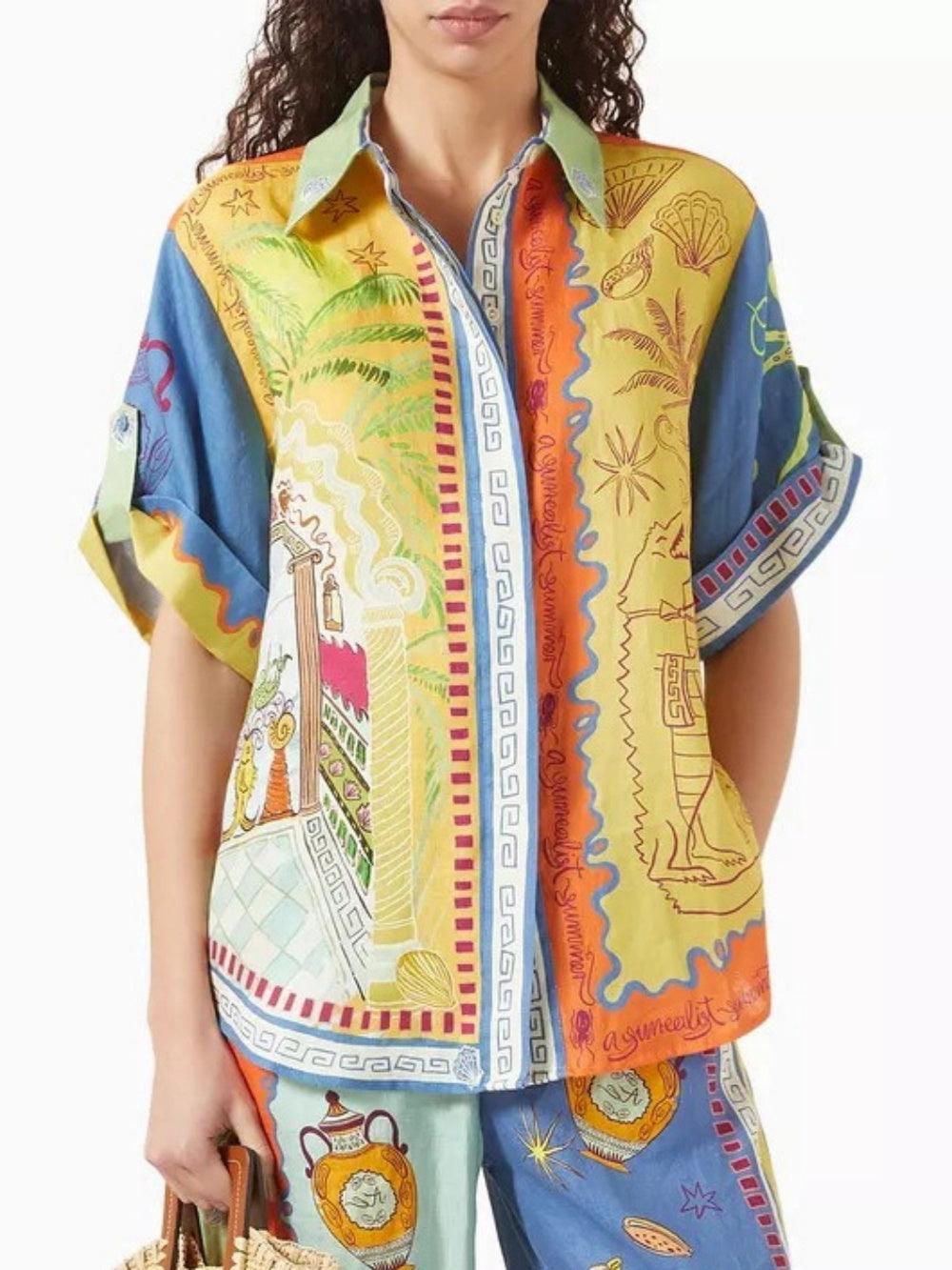 Zomer Fantasie Print Korte Mouwen Losse Top en Broek Set - bellanza