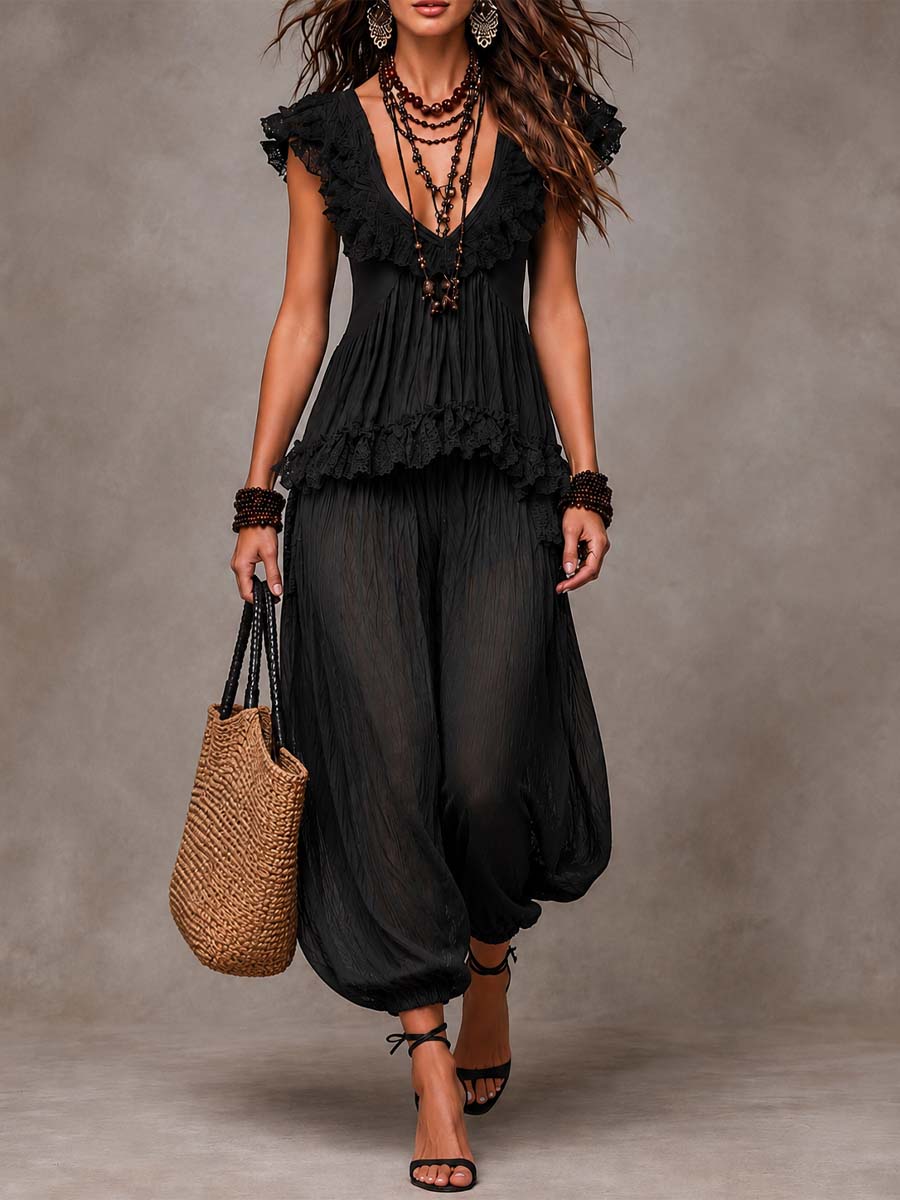 Zwarte Boheemse V-Hals Kanten Top en Harem Broek Set - Bellanza