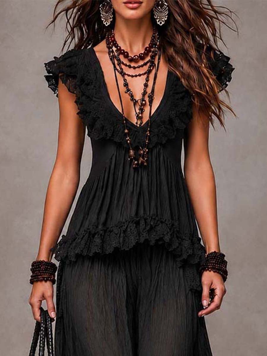 Zwarte Boheemse V-Hals Kanten Top en Harem Broek Set - Bellanza