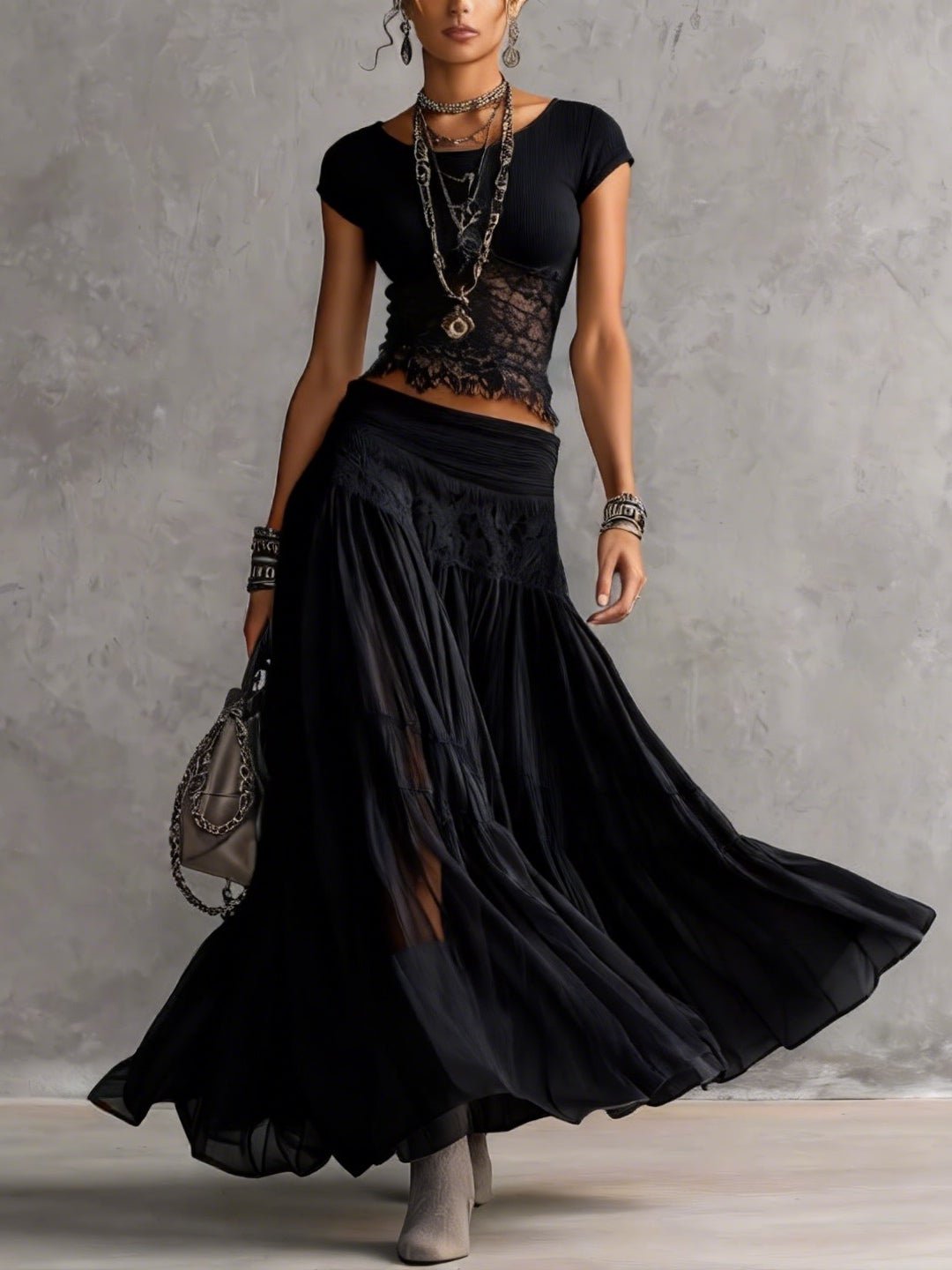 Zwarte Doorzichtige Kanten Top en Geplooide Maxi Rok Set - Bellanza