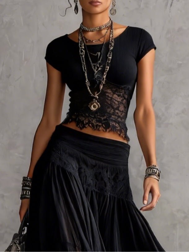 Zwarte Doorzichtige Kanten Top en Geplooide Maxi Rok Set - Bellanza