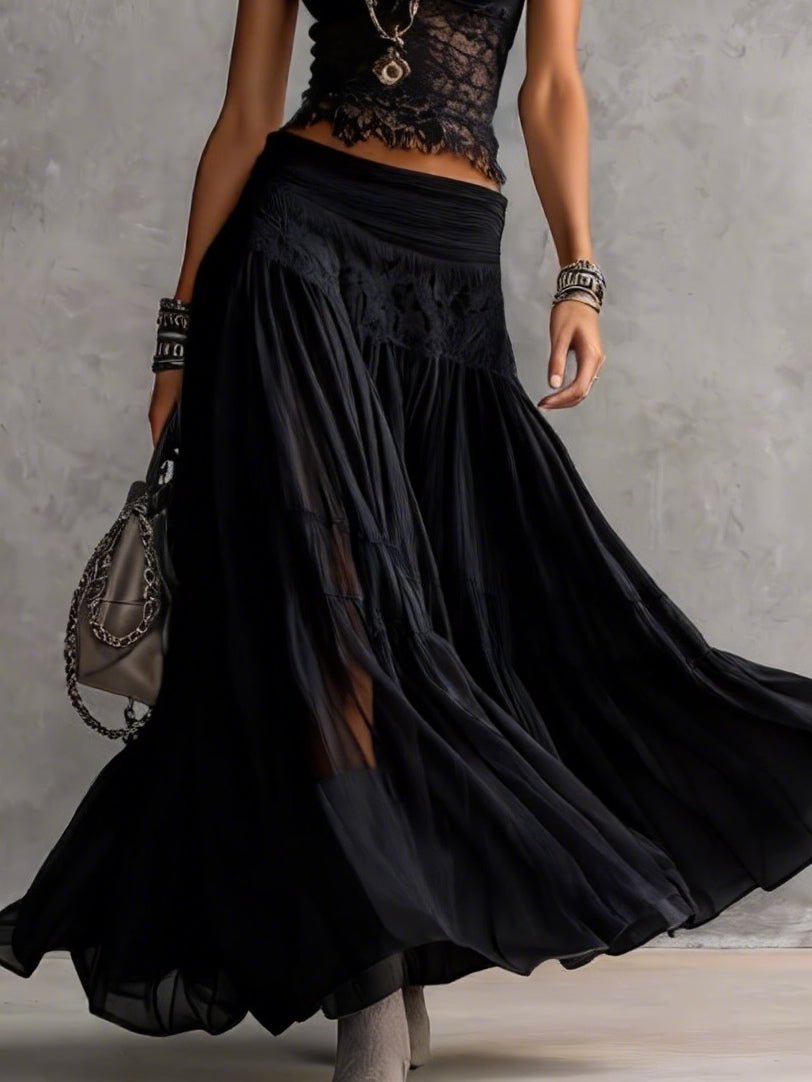 Zwarte Doorzichtige Kanten Top en Geplooide Maxi Rok Set - Bellanza