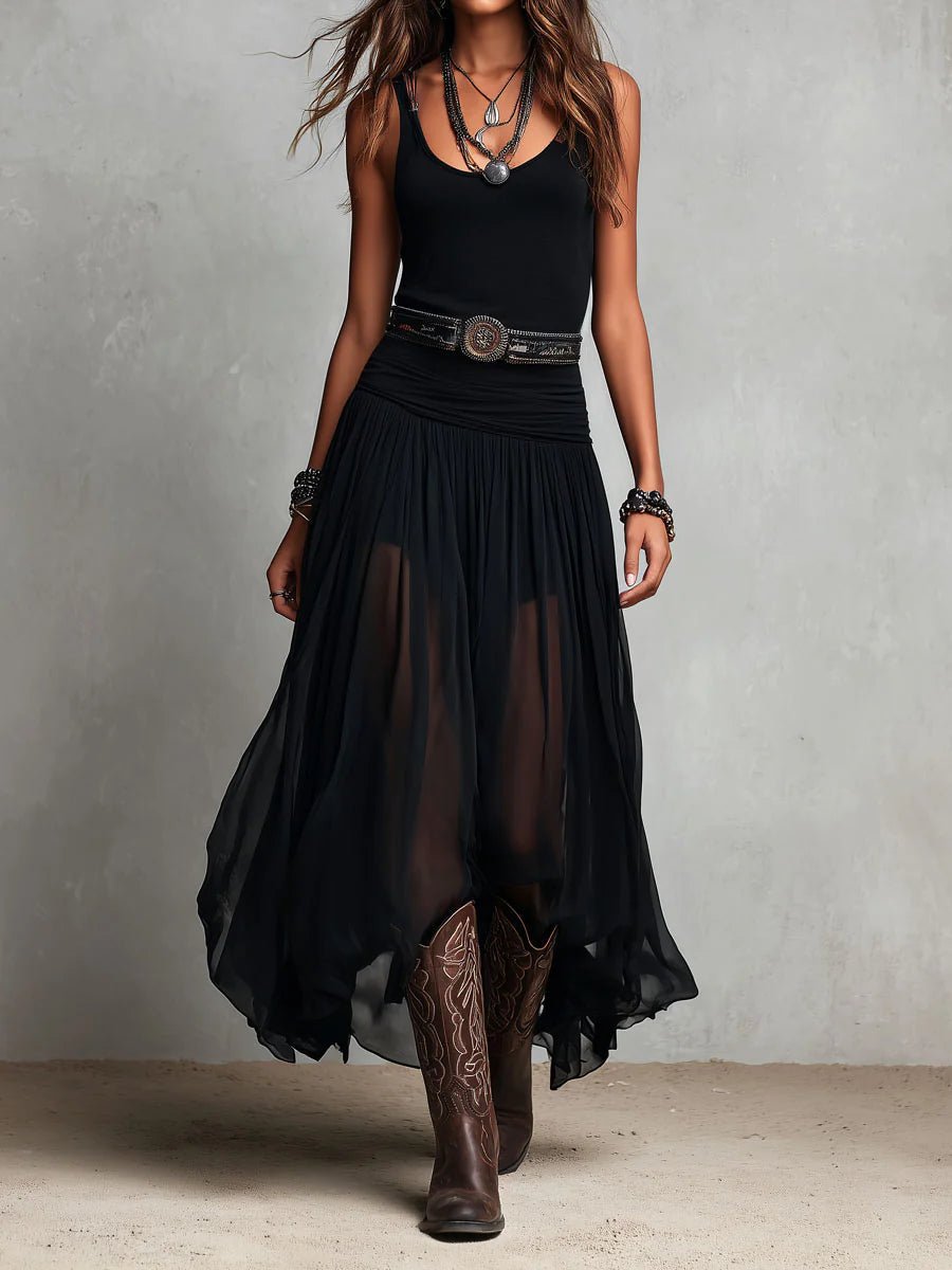 Zwarte Mouwloze Tanktop Met Tulle Rok Maxi Jurk (Inclusief Riem) - Bellanza
