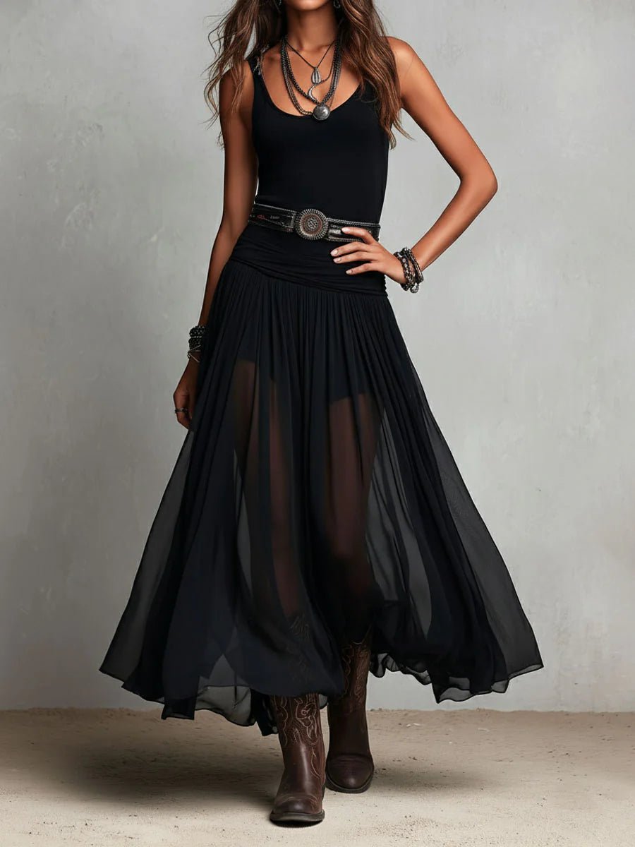 Zwarte Mouwloze Tanktop Met Tulle Rok Maxi Jurk (Inclusief Riem) - Bellanza