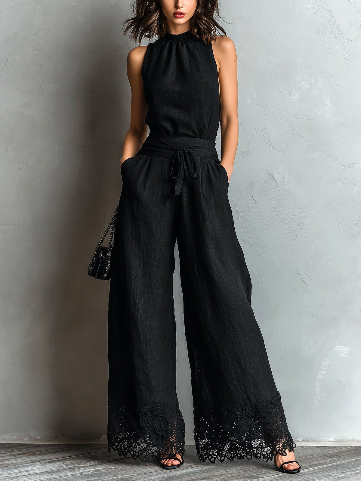 Zwarte Nep Katoen-linnen Halter Nek Top Met Strik Lace-trimmed Wijde Pantalon Set - Bellanza
