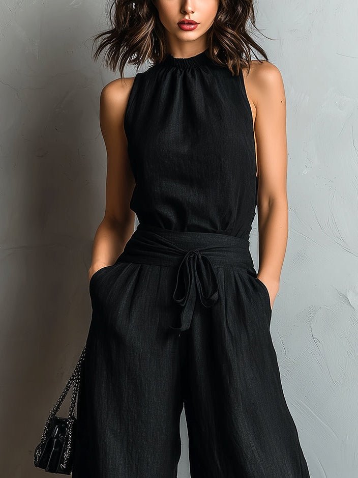 Zwarte Nep Katoen-linnen Halter Nek Top Met Strik Lace-trimmed Wijde Pantalon Set - Bellanza