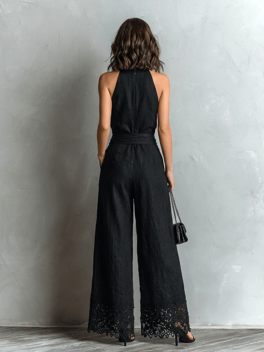 Zwarte Nep Katoen-linnen Halter Nek Top Met Strik Lace-trimmed Wijde Pantalon Set - Bellanza