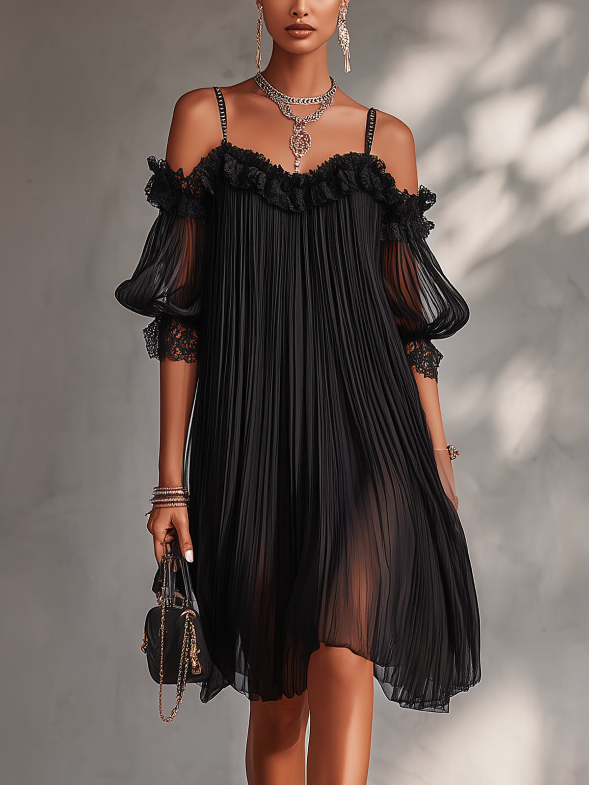 Skye™ | Off-Shoulder Chiffon Mini Jurk met Kantafwerking