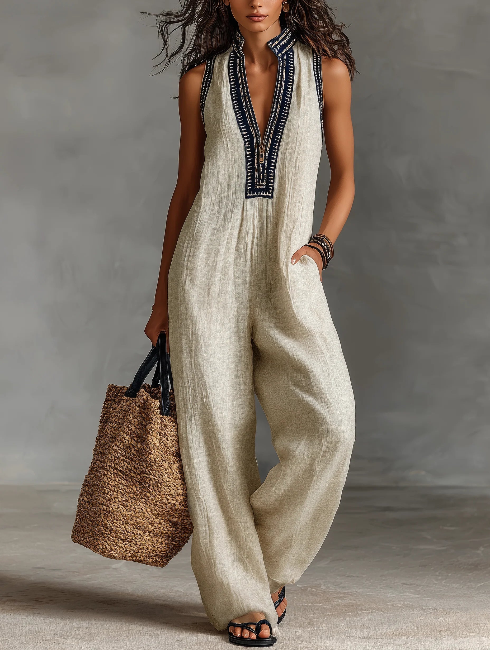 Joelle™ | Minimalistische Staande Kraag Rits Mouwloze Jumpsuit