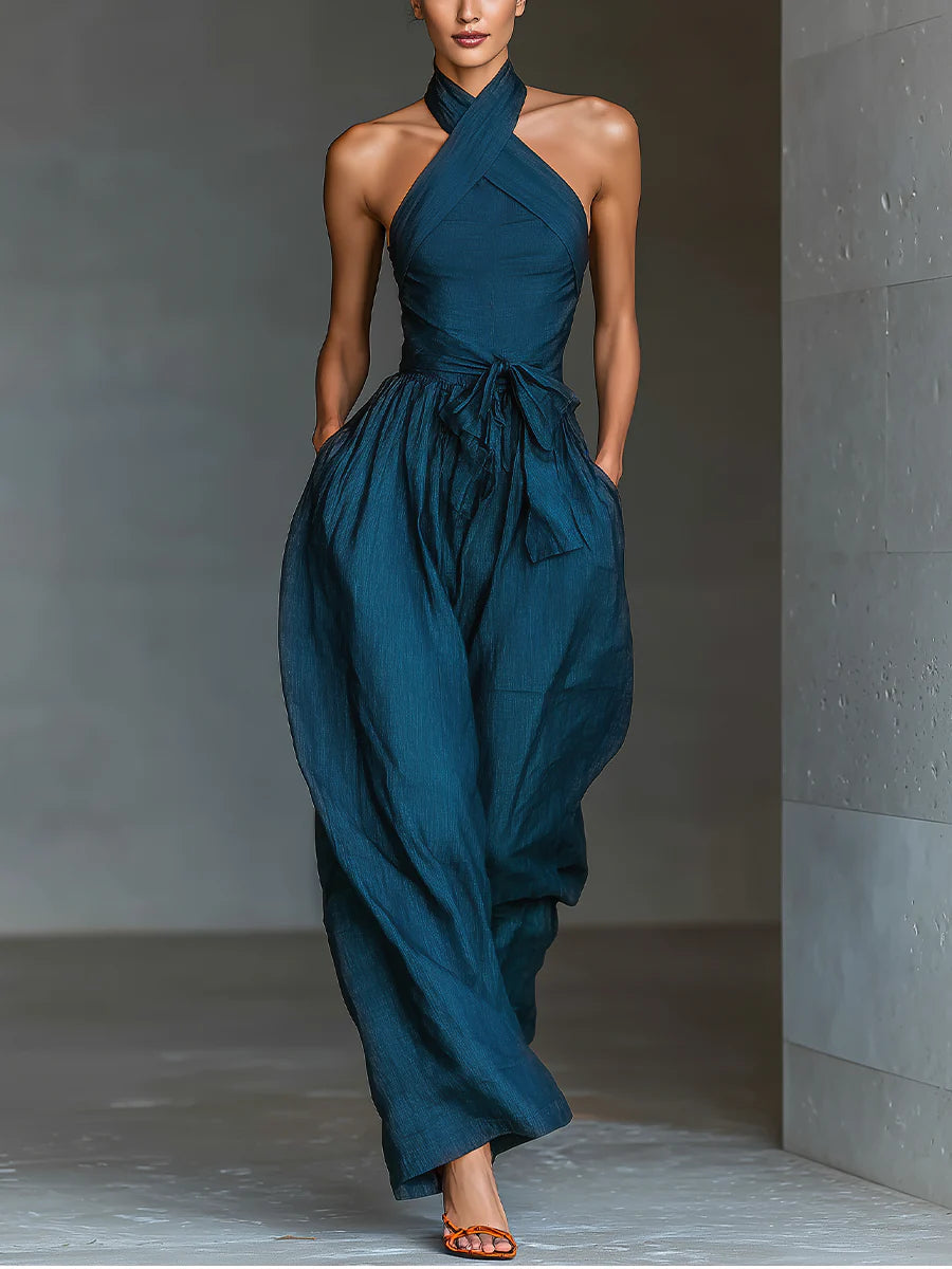 Océane™ | Cross Halter Wijde-Pijpen Jumpsuit met Zakken aan de Zijkant