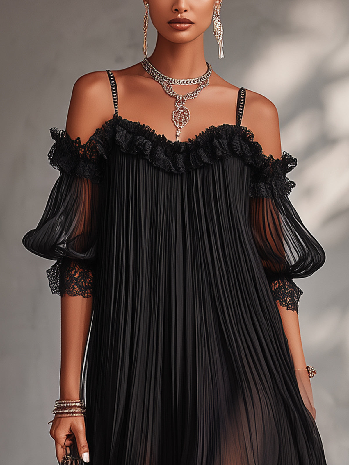 Skye™ | Off-Shoulder Chiffon Mini Jurk met Kantafwerking