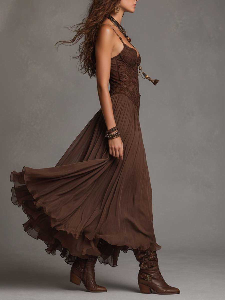 Donkerbruin Chiffon Maxi Jurk met Kantpanelen