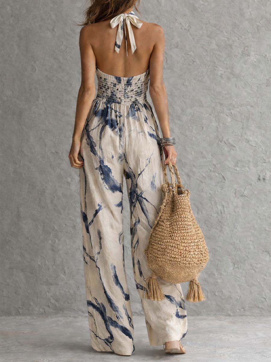 Suzanne™ | Halter Nek Inkt Was Print Wijde Pijpen Jumpsuit met Zakken