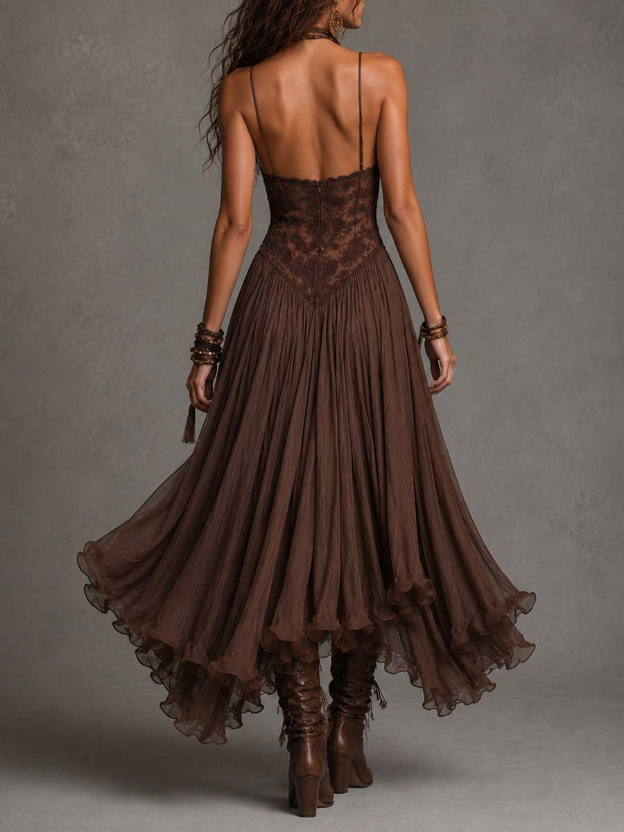Donkerbruin Chiffon Maxi Jurk met Kantpanelen