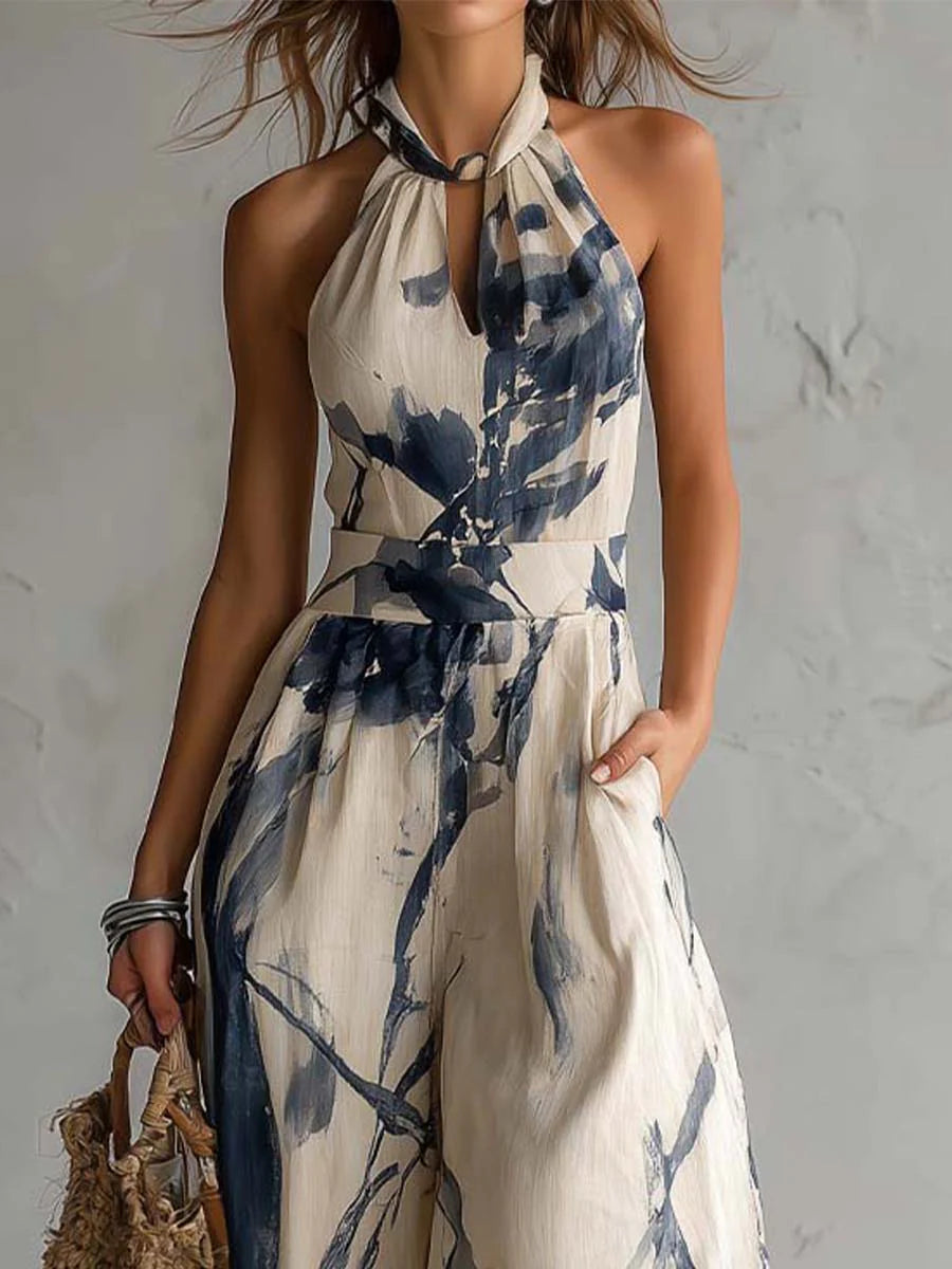 Suzanne™ | Halter Nek Inkt Was Print Wijde Pijpen Jumpsuit met Zakken