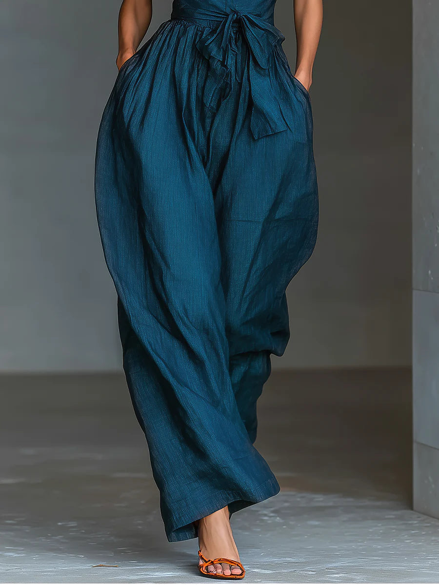 Océane™ | Cross Halter Wijde-Pijpen Jumpsuit met Zakken aan de Zijkant