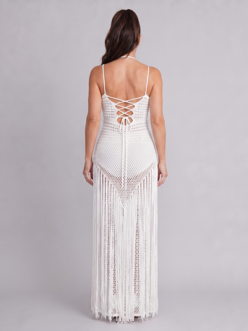 Zephyra | Halter Neck Gehaakte Franje Maxi Jurk