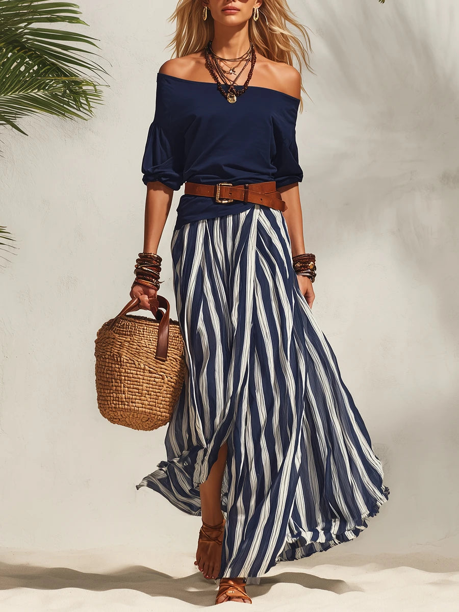 Isabella | Tweedelige Zomerset met Off-Shoulder Top & Gestreepte Rok (Inclusief Riem)