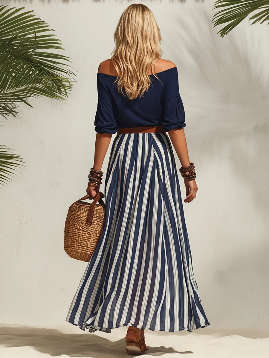 Isabella | Tweedelige Zomerset met Off-Shoulder Top & Gestreepte Rok (Inclusief Riem)