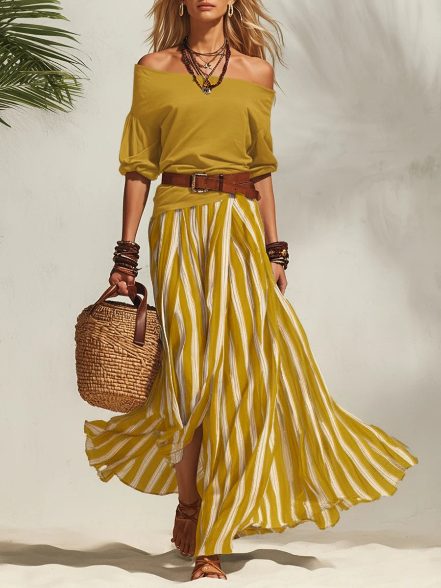 Isabella | Tweedelige Zomerset met Off-Shoulder Top & Gestreepte Rok (Inclusief Riem)