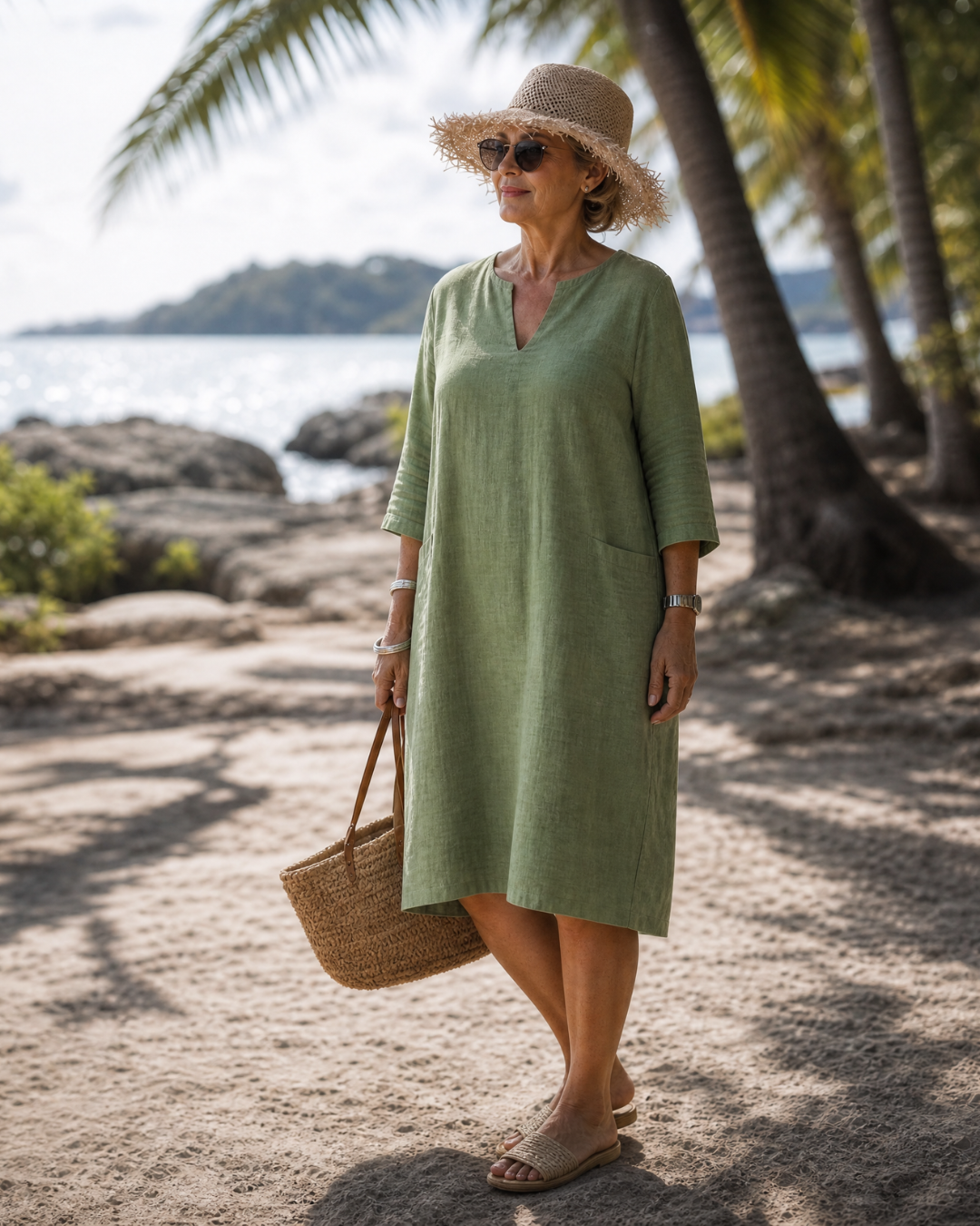 Elixir | Textured V Neck Drie Kwart Mouw Knie Lengte Jurk