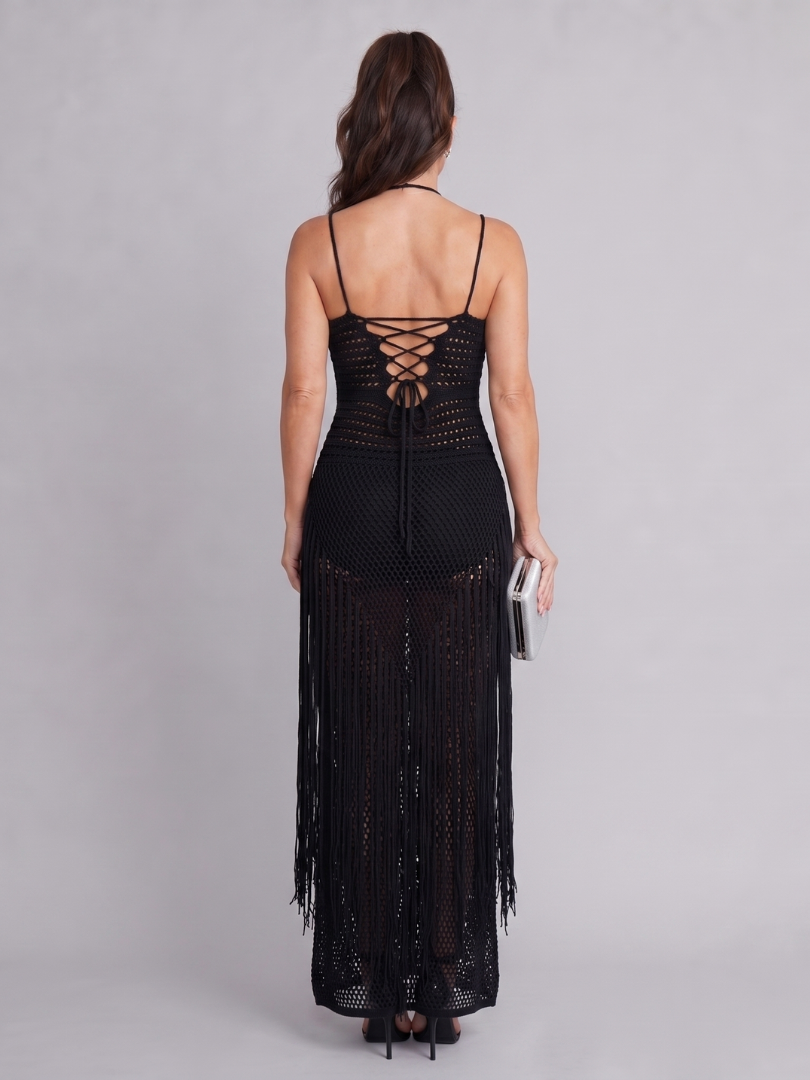 Zephyra | Halter Neck Gehaakte Franje Maxi Jurk