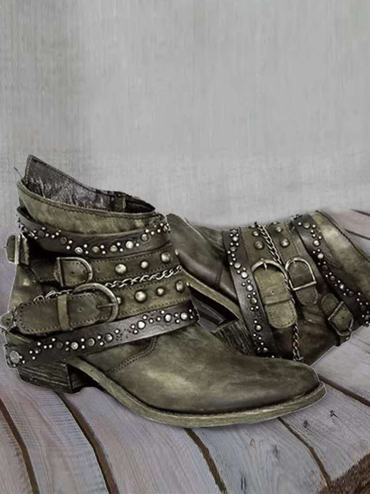 Vintage Gewassen Studded Buckles Enkellaarsjes
