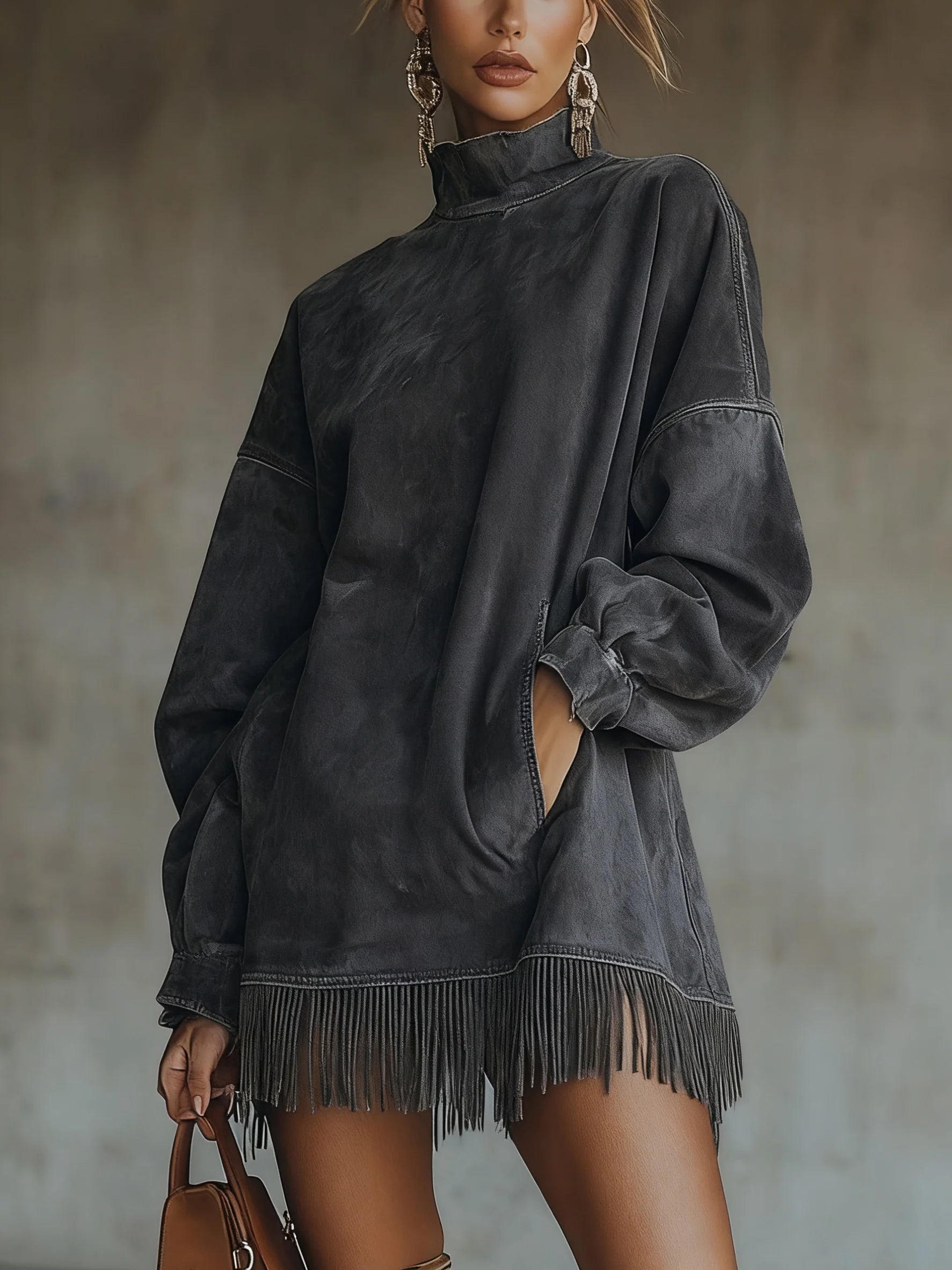 Tina | Luxe suède coltrui-jurk met franjes