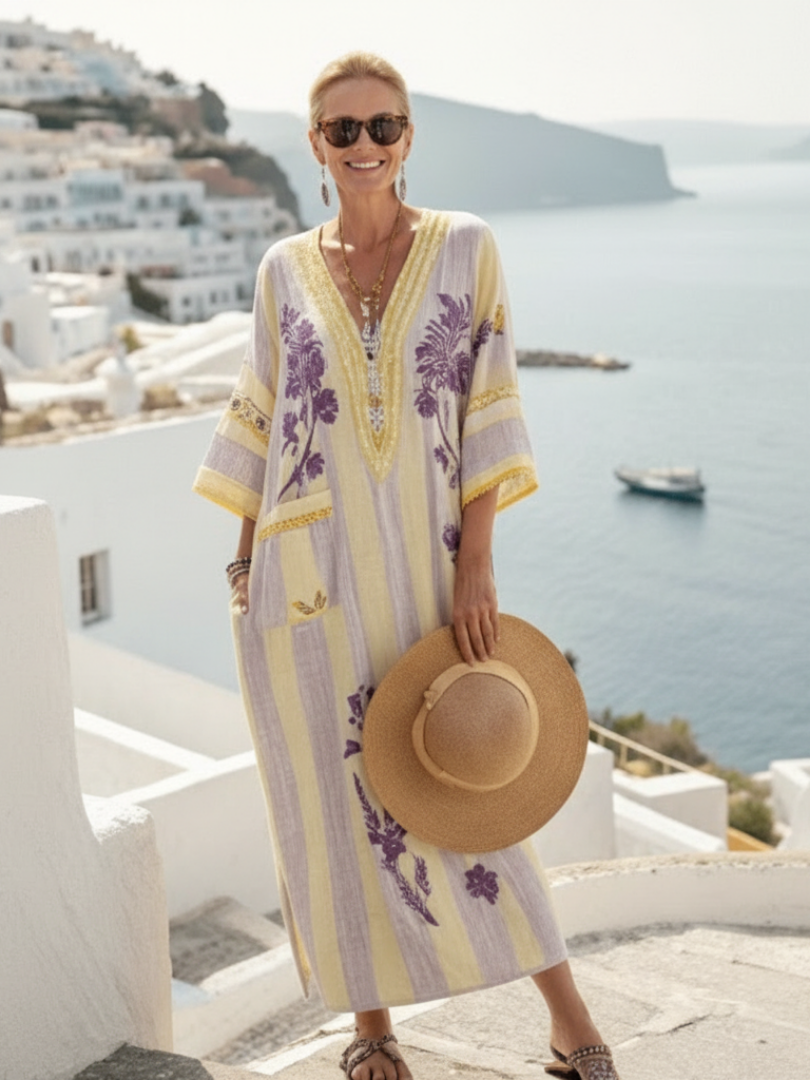 Aurelia | V-hals Halve Mouw Gestreepte Bloemen Maxi Jurk